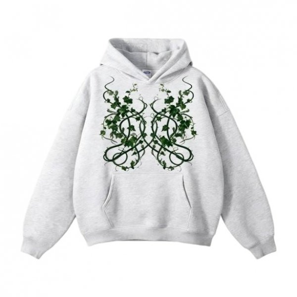Top-Tier Oversize Gray Hoodie with Nature-Inspired Botanical Print – Cozy Casual Wear