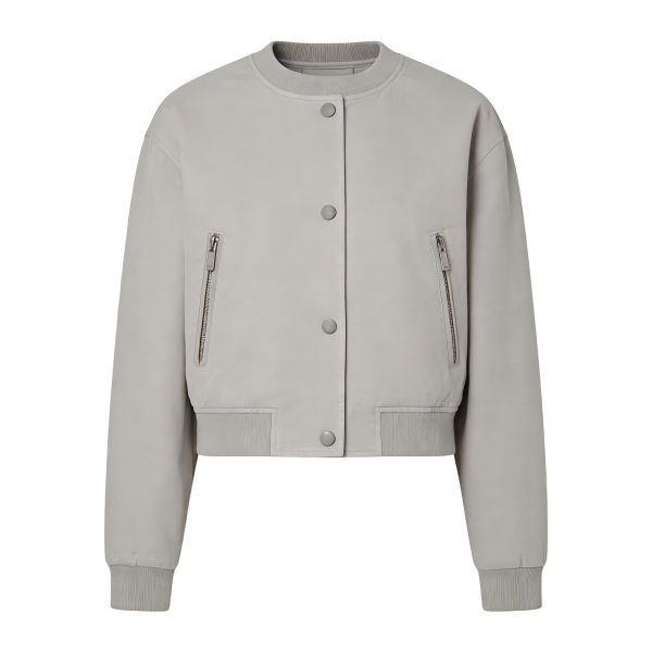 Light Gray Leather Bomber Jacket